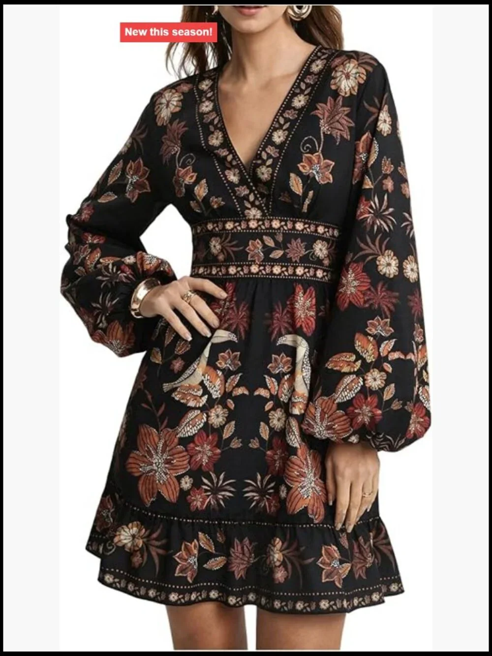 Women's Boho Floral Mini Dress V Neck Long Sleeve High Waist Fit & Flare